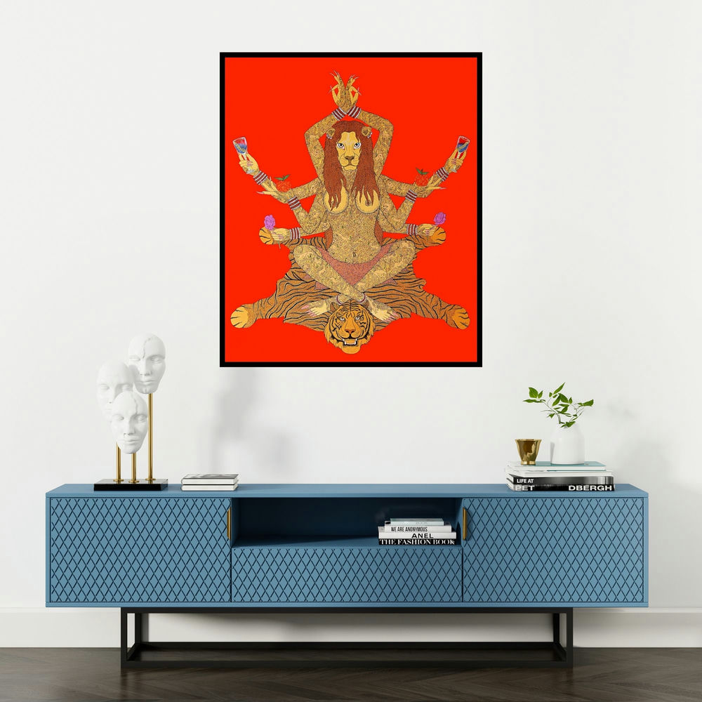 Bandana Kumari's 'Yogni (Divine Multi-Armed Goddess)' painting visualized above a sofa in a contemporary room.
