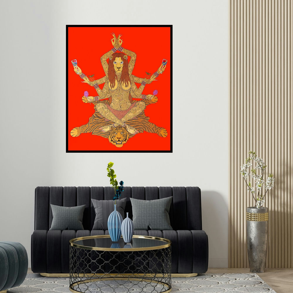 'Yogni (Divine Multi-Armed Goddess)' painting by Bandana Kumari shown on a wall in a furnished room.