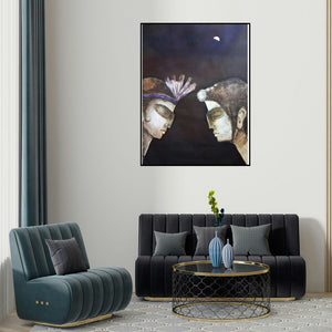 Manoj Muneshwar's 'You And Me I' painting visualized above a sofa in a contemporary room.