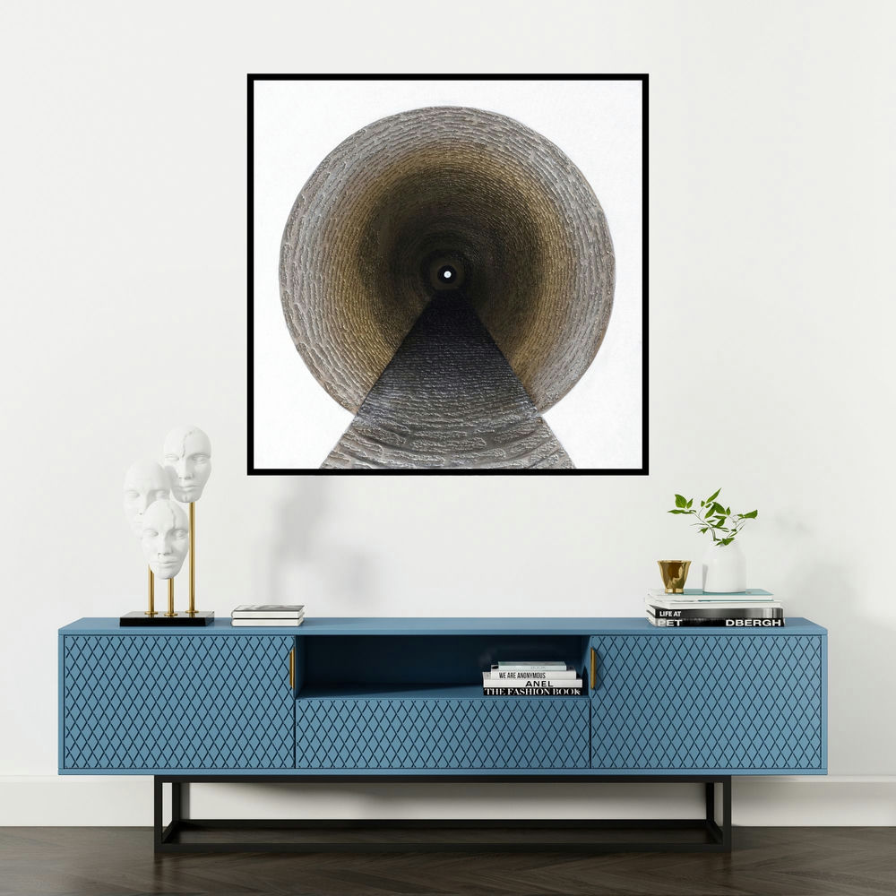 'You Can Move In Sight (The Infinite Corridor)' painting by Mamoon Nomani shown on a wall in a furnished room.