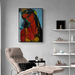Preview of 'Young Queen' Painting by Appam Raghavendra shown on a wall in a furnished room.