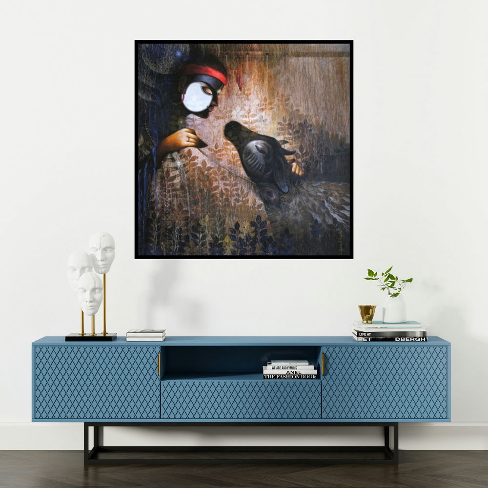 'Yugabatar' painting by Arabinda Samanta shown on a wall in a furnished room.