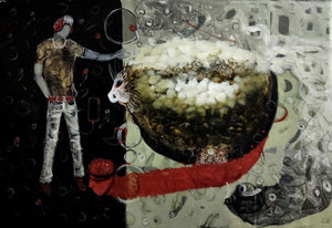 Yuth 4 (Lost in Thought) by Sanjay Sahani, Original Mixed Media Contemporary Painting on Canvas, Medium Horizontal Wall Art