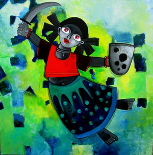 Yuvakumari (Valiant Guardian) by Sharmi Dey, Original Acrylic Fantasy Painting on Canvas, Medium Square Wall Art