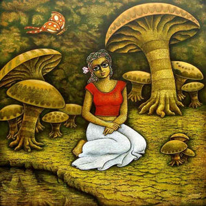 Yuvana 5 (Mystical Garden) by Ramchandra B Pokale, Original Acrylic Figurative Painting on Canvas, Large Square Wall Art